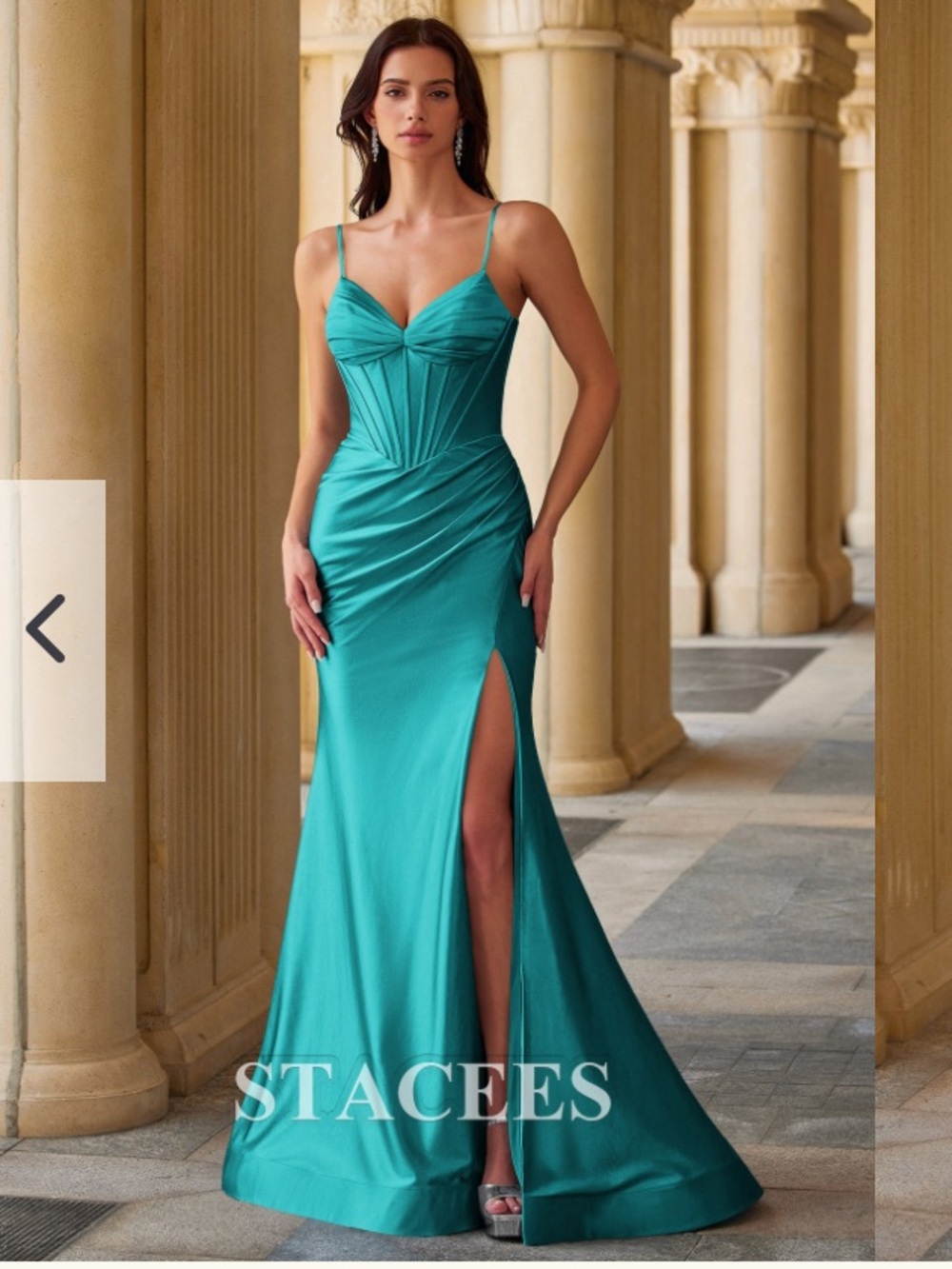 NWT | Stacees | Mermaid Teal Spaghetti Strap Ruched Corset Prom Dress with Slit